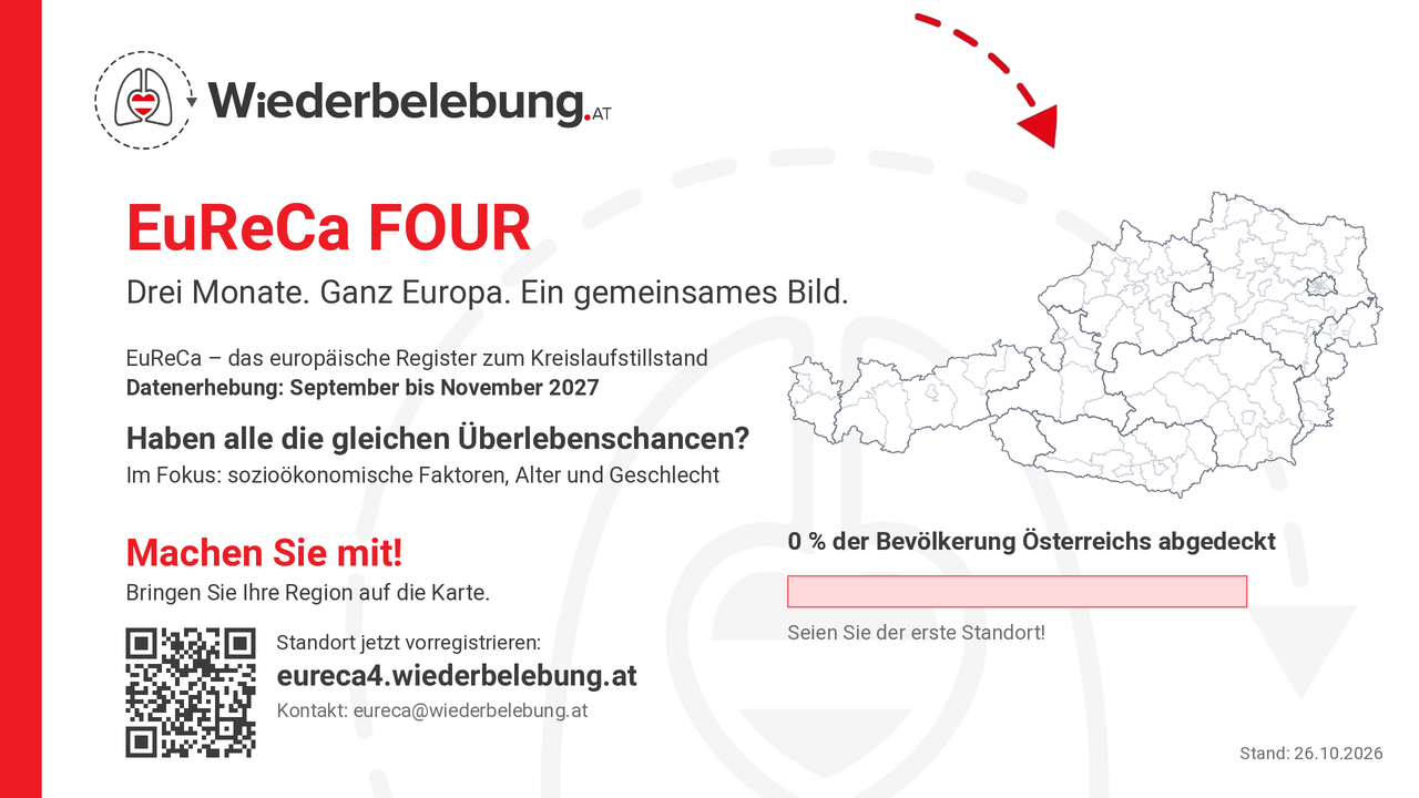 Vorschau der Folie: EuReCa FOUR, Karte Österreichs mit den vorregistrierten Einsatzgebieten, Aufruf zur Vorregistrierung mit QR-Code